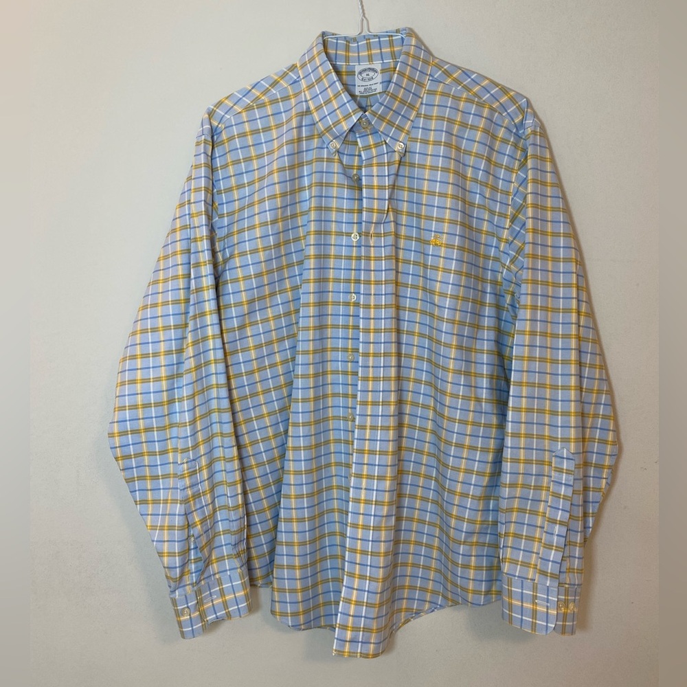 Brooks Brothers Blue and Yellow Checkered Shirt, XL, Slim Fit